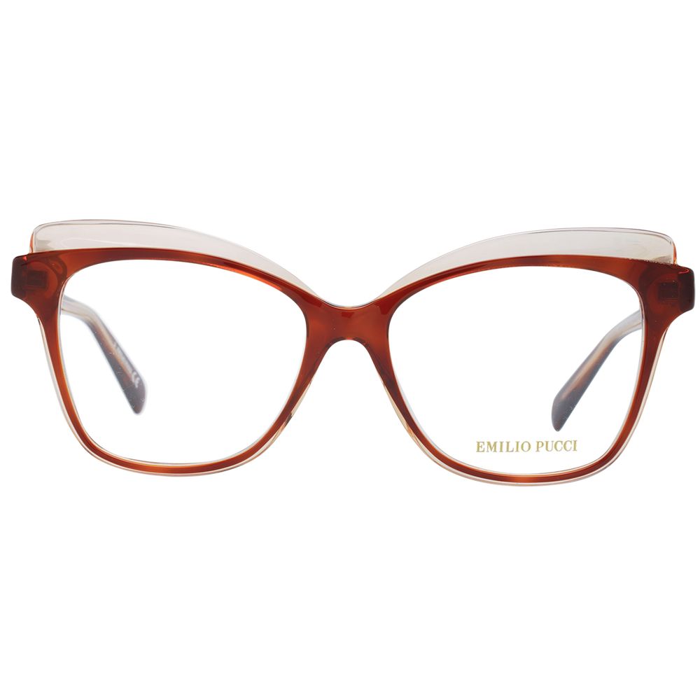 Emilio Pucci Brown Women Glasses Frame, full-rim butterfly style with demo lenses, plastic material, includes branded case.