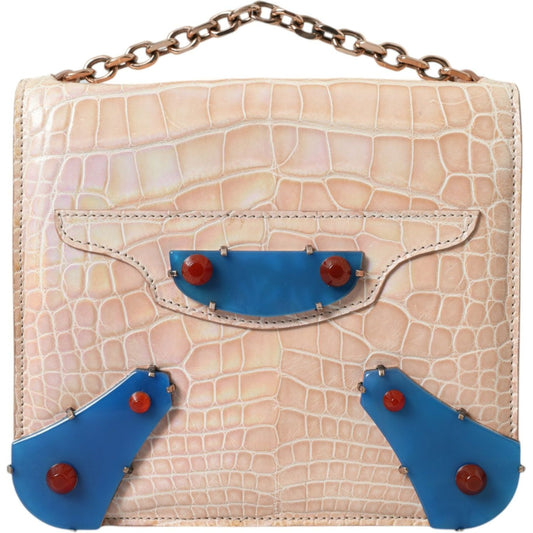 Balenciaga Beige Blue Agate Exotic Leather Gold Chain Purse Bag BAG1166