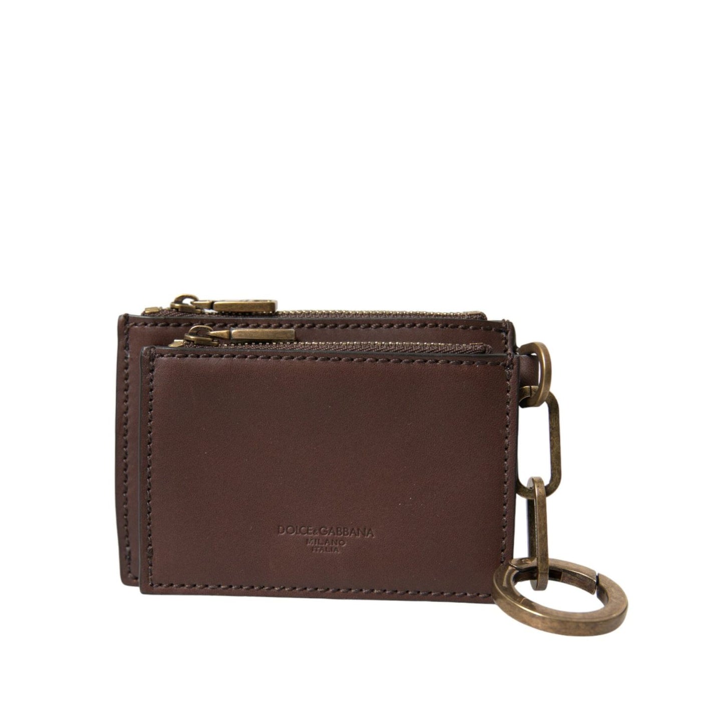Dolce & Gabbana Brown Leather Zip Logo Keyring Coin Purse Keyring Wallet SMY101293