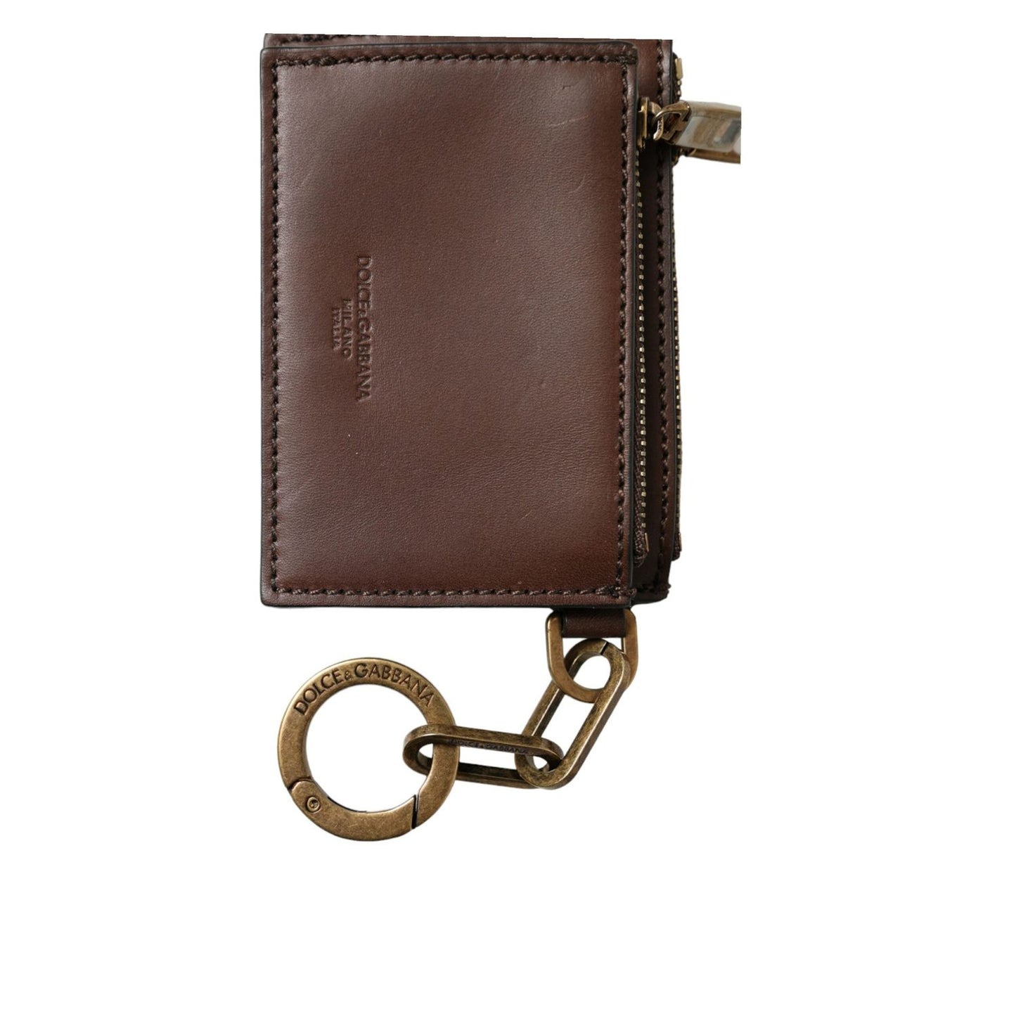 Dolce & Gabbana Brown Leather Zip Logo Keyring Coin Purse Keyring Wallet SMY101293