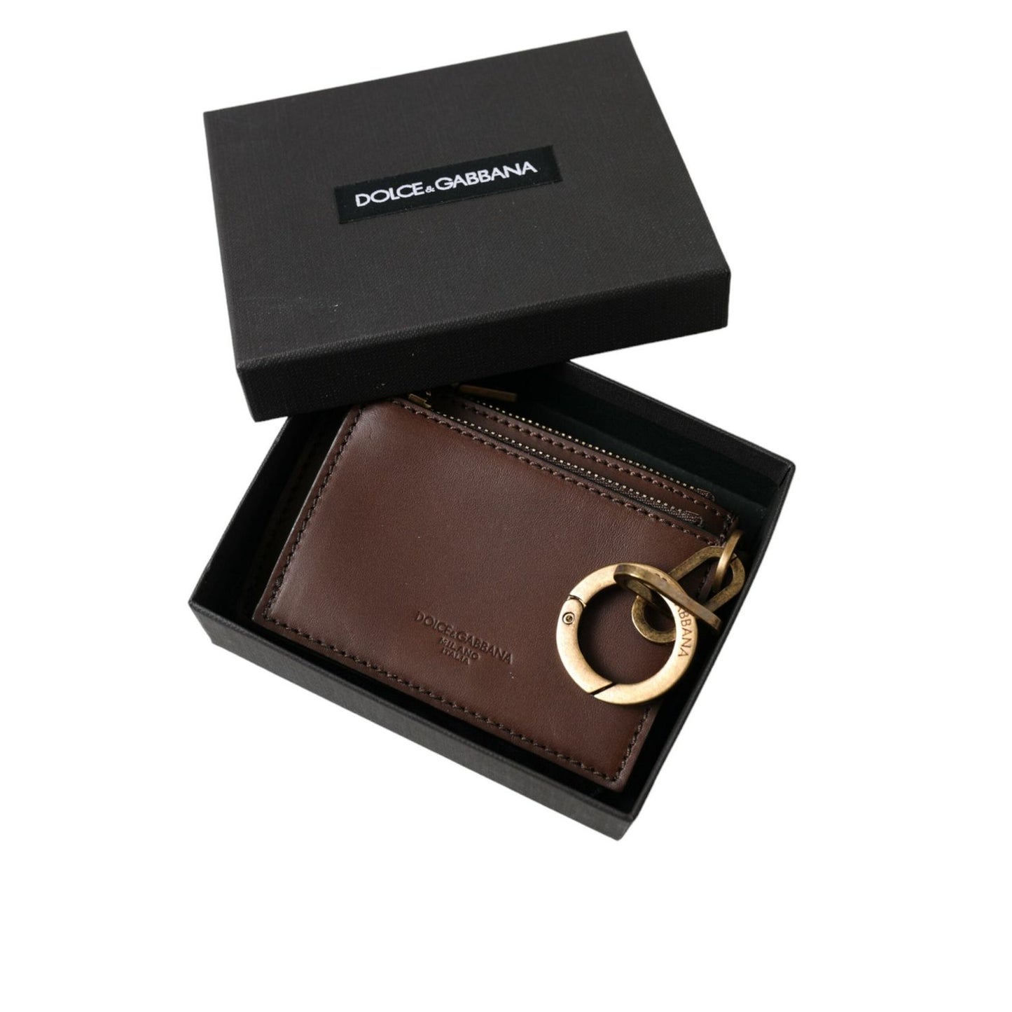 Dolce & Gabbana Brown Leather Zip Logo Keyring Coin Purse Keyring Wallet SMY101293