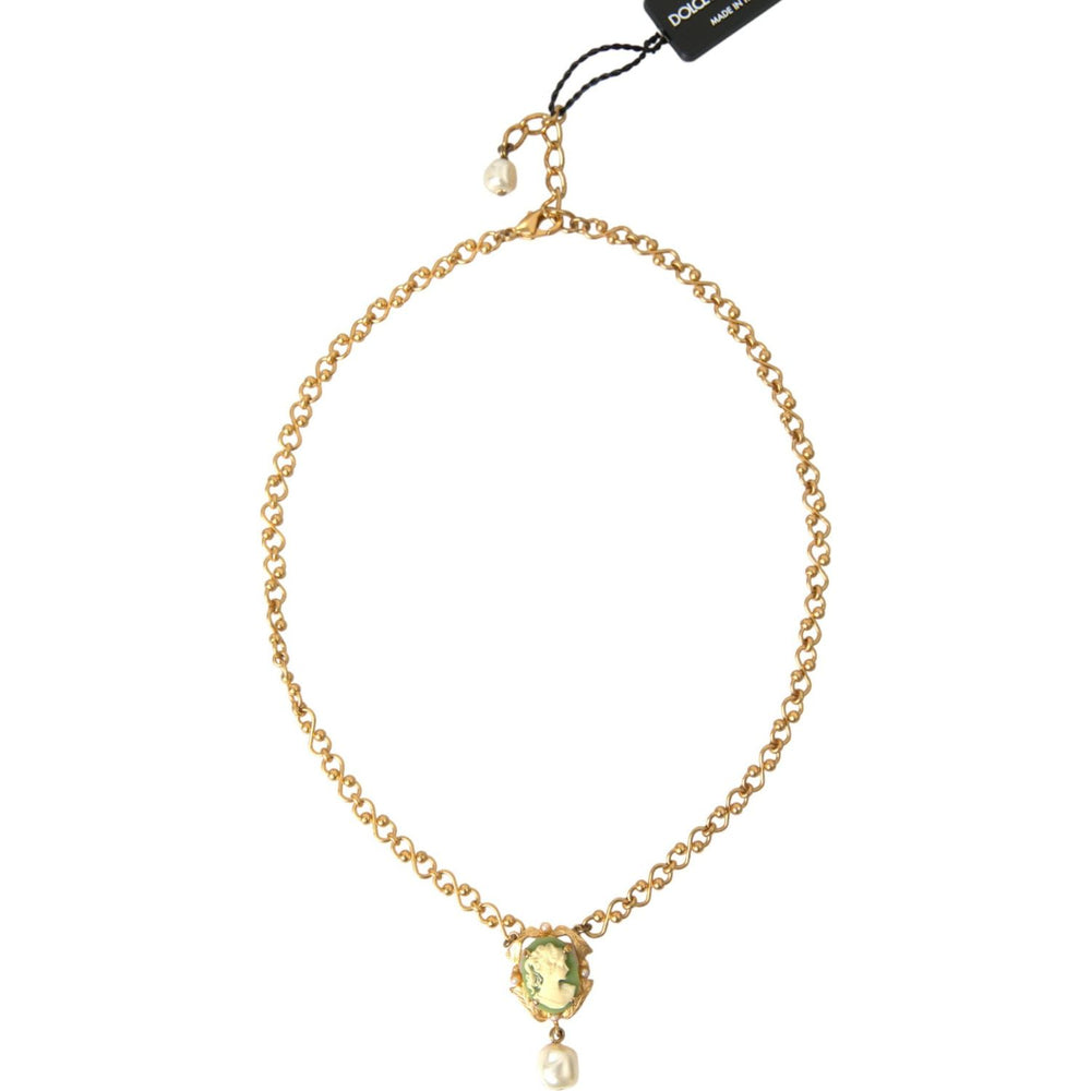 Dolce & Gabbana Gold Brass Chain Pearl Pendant Charm Necklace SMY101384