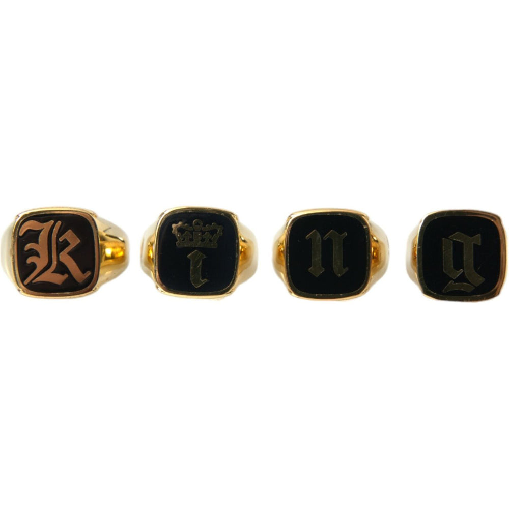 Dolce & Gabbana Gold Brass KING Enamel Set of 4 Ring Ring Dolce & Gabbana Black