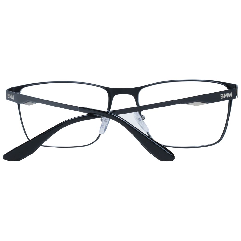 BMW Black Men Glasses Frame, full-rim metal, black color with demo plastic lenses, rectangle style, branded case included.