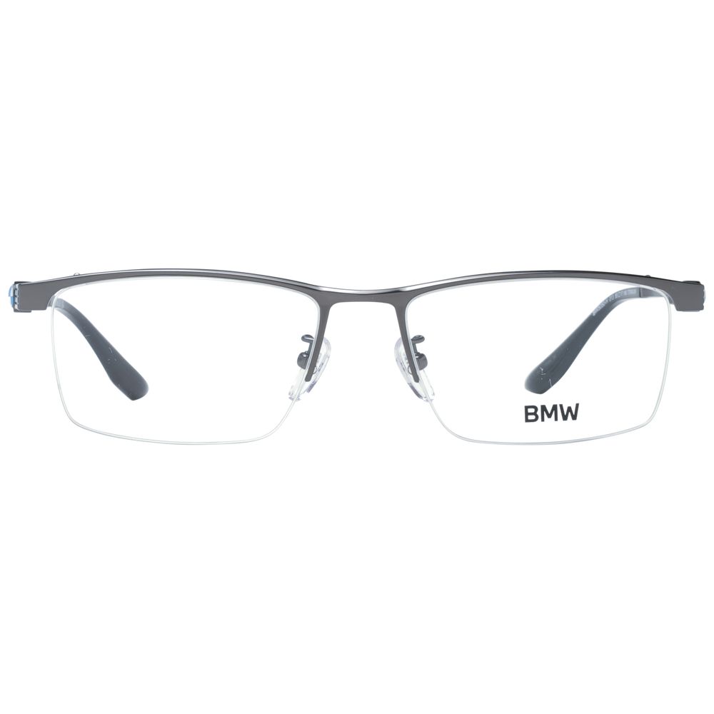 BMW Gray Men Glasses Frame in gunmetal titanium, half-rim rectangle style, size 55-17-145, with demo lenses, includes branded case.