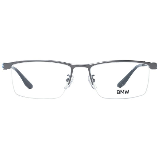 BMW Gray Men Glasses Frame in gunmetal titanium, half-rim rectangle style, size 55-17-145, with demo lenses, includes branded case.