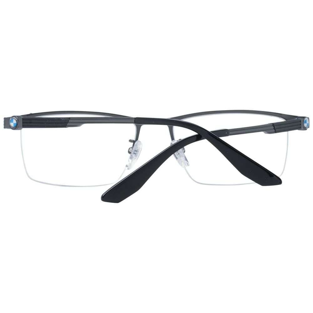 BMW Gray Men Glasses Frame with titanium half-rim in gunmetal, demo lenses, and rectangle style. Comes with branded case. Size 55-17-145.