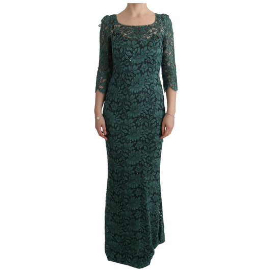Dolce & Gabbana Green Floral Crystal Ricamo Sheath Dress