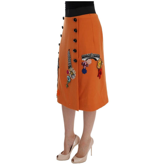 Dolce & Gabbana Orange Wool Crystal Sequin Appliques Skirt SKI1009-3