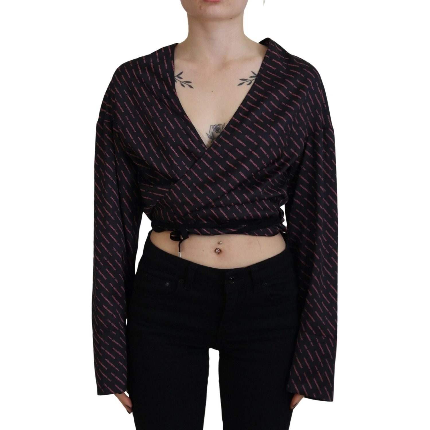 Dsquared² Black Polyester Cropped Logo Printed Blouse Top