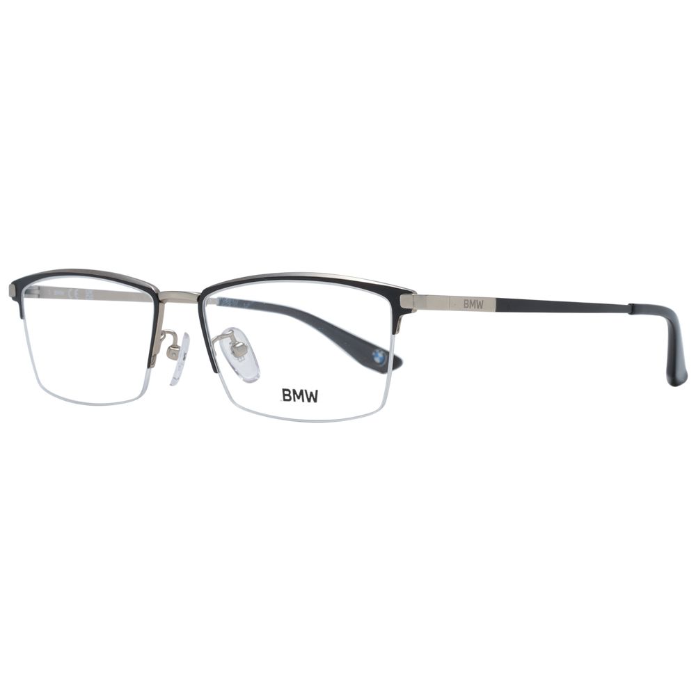 BMW Black Men Glasses Frame, black titanium half-rim rectangular eyeglasses, demo plastic lenses, size 55-17-145 with branded case