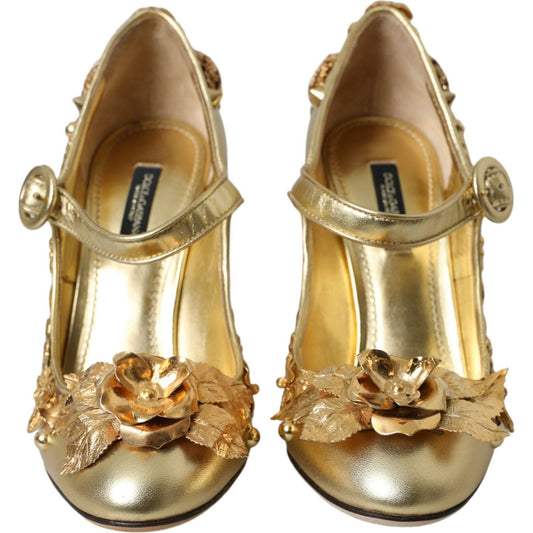Dolce & Gabbana Gold Leather Crystal Mary Janes Pumps Shoes
