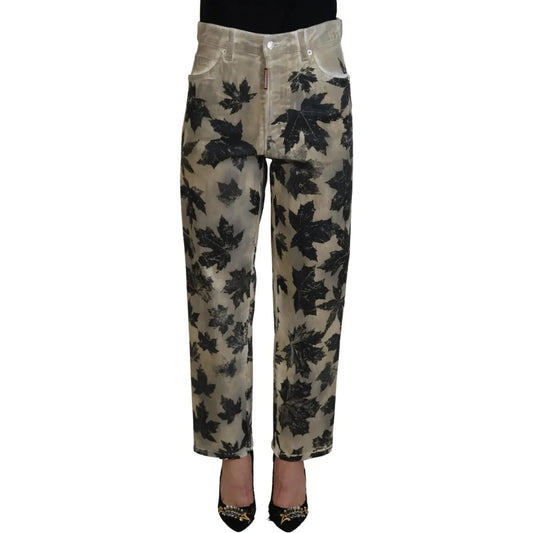 Dsquared² Beige Leaves Cotton High Waist Denim Jeans Boston PAN74517