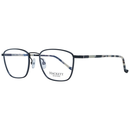 Hackett Black Men Glasses Frame in full-rim stainless steel, featuring rectangle shape and demo lenses. Includes branded case.