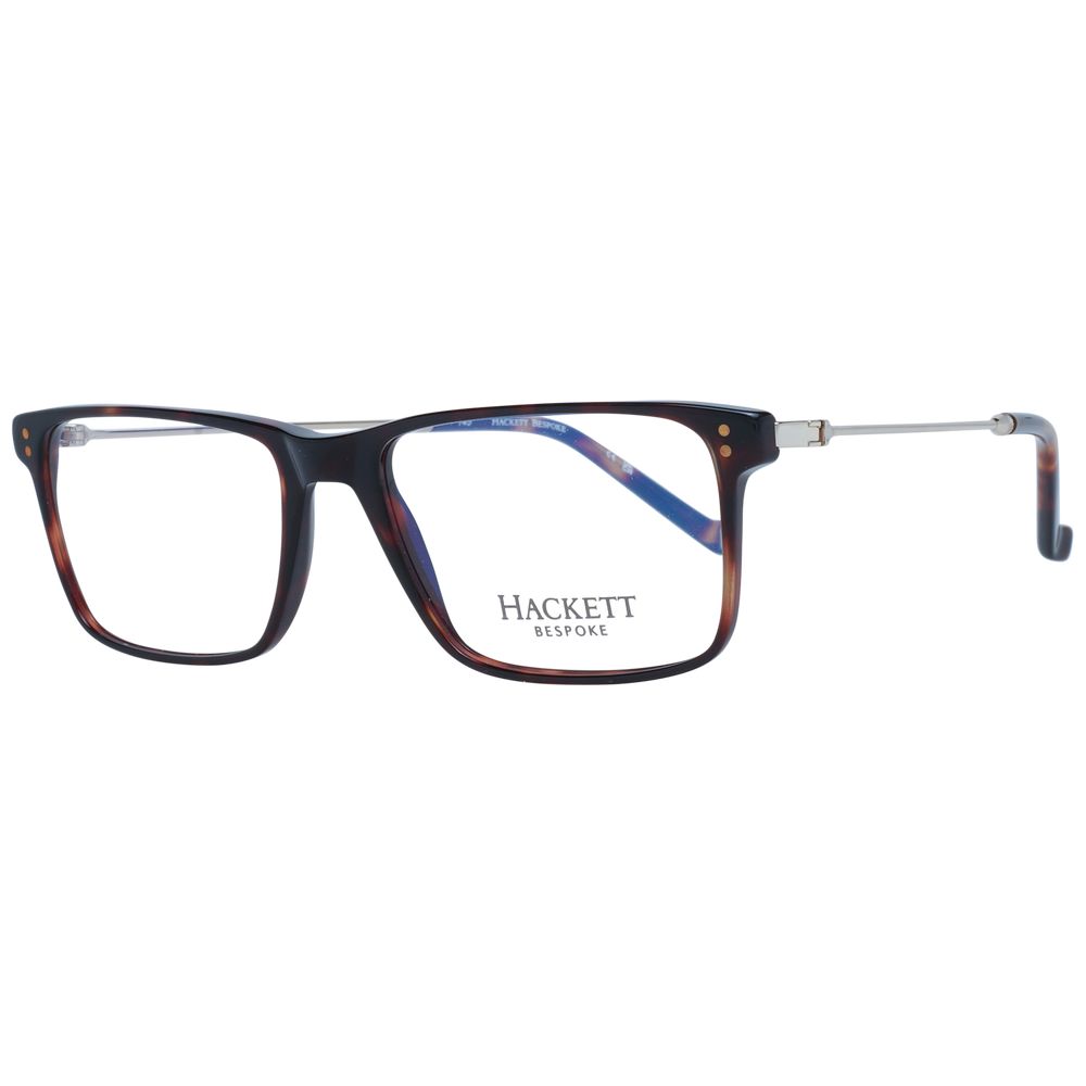 Hackett Brown Men Glasses Frame in acetate with full-rim rectangle style, demo lenses, size 53-17-145, includes branded case.