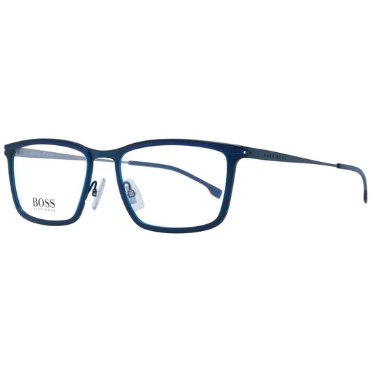 Hugo Boss Blue Men Glasses Frame, full-rim rectangular stainless steel, blue color, size 56-18-150, includes branded case.