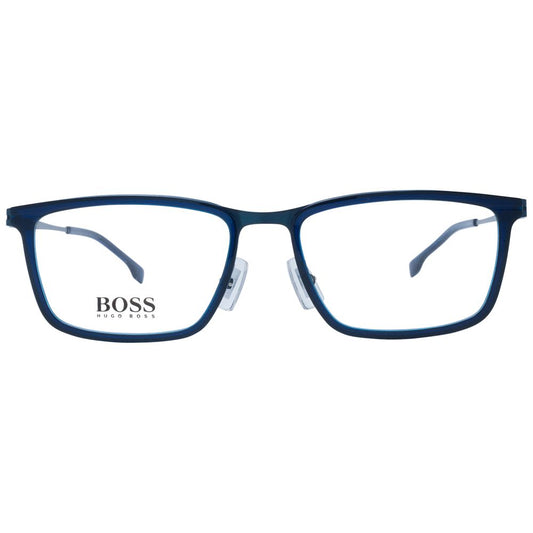 Hugo Boss Blue Men Glasses Frame in stainless steel, full-rim rectangle style with demo lenses, includes branded case.