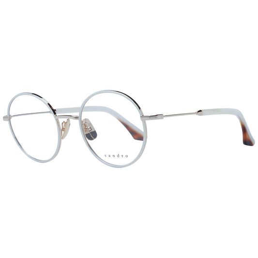 Sandro White Women Glasses Frame in stainless steel with full-rim panto style, demo lenses, and branded case.