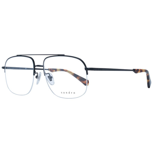Sandro Black Men Glasses Frame, half-rim aviator style, black metal with demo lenses, featuring tortoise shell temples.