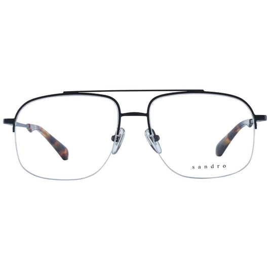 Sandro Black Men Glasses Frame, aviator style with black metal half-rim, demo lenses, size 57-16-145, includes branded case.