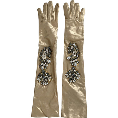 Dolce & Gabbana Beige Satin Crystal Elbow Length Gloves