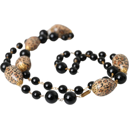 Dolce & Gabbana Gold Tone Brass Black Printed Beaded Long Chain Necklace Necklace