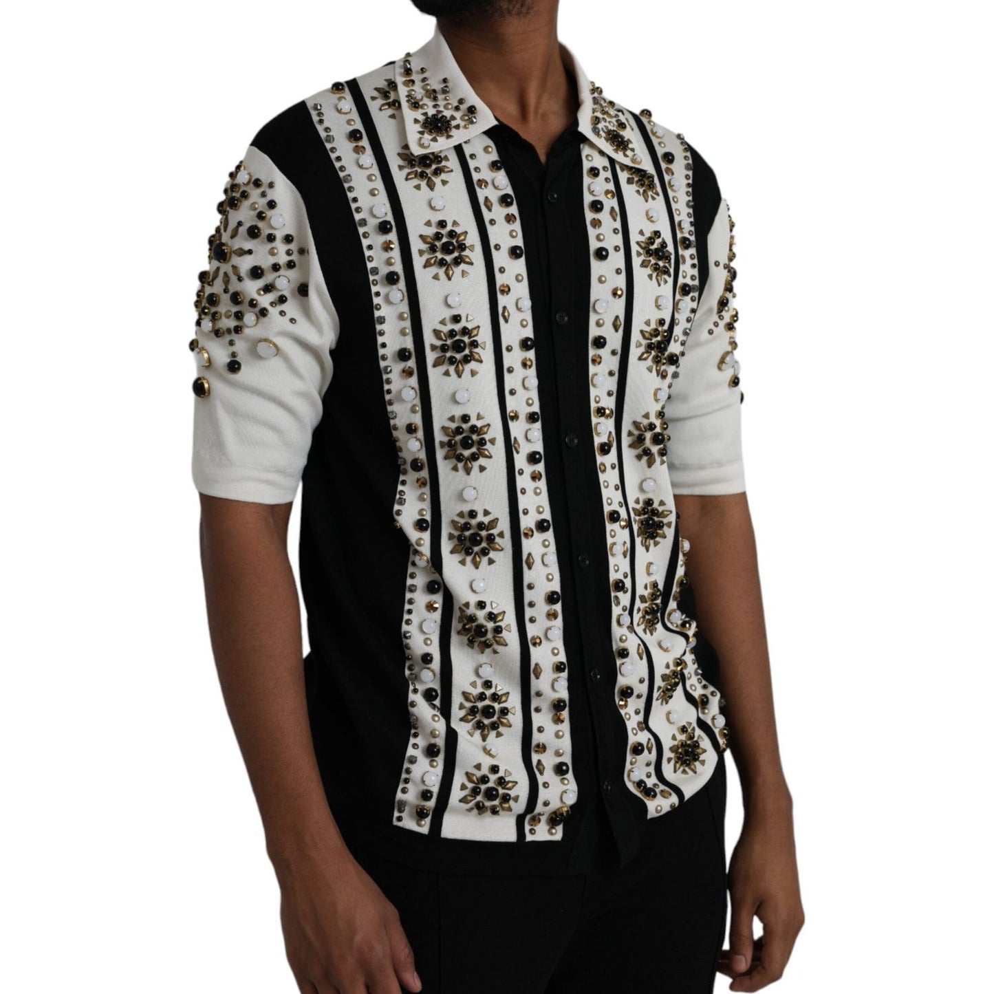 Dolce & Gabbana White Black Silk Studded Stone Crystal Shirt