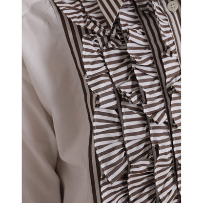 Dolce & Gabbana White Stripes Cotton Long Sleeves Ruffle Collar Top