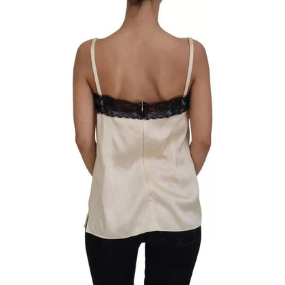 Dolce & Gabbana Beige Lace Spaghetti Logo Embroidery Top