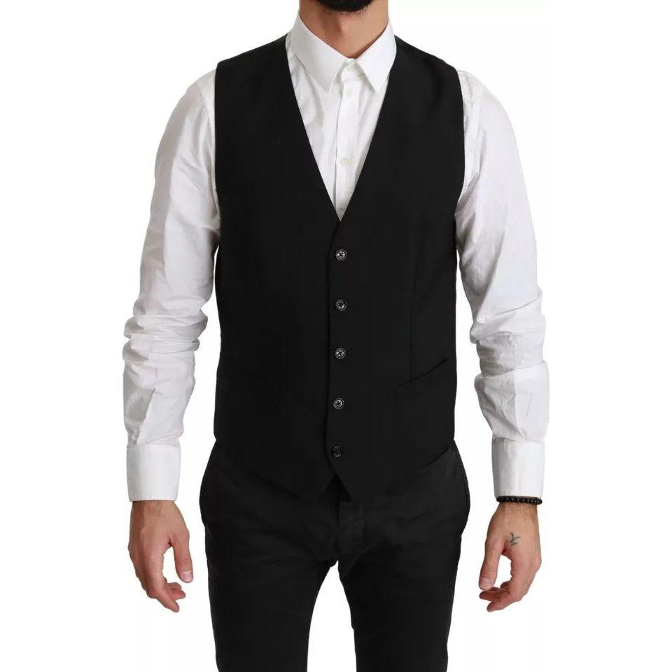 Dolce & Gabbana Black Stretch Waistcoat Formal Dress Wool Vest TSH4070-48