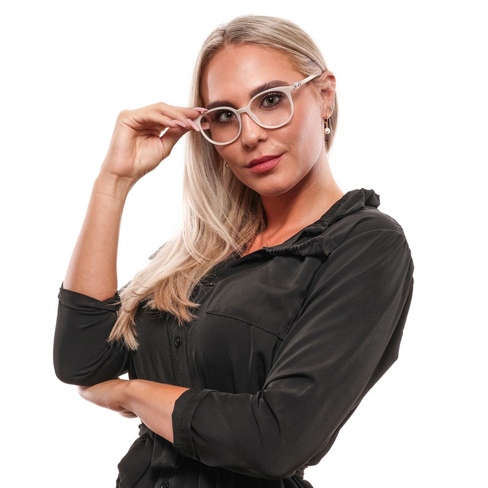Woman wearing Swarovski White Women Glasses Frame with plastic full-rim design, styled in white, holding the frames.
