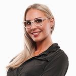 Woman wearing Swarovski White Women Glasses Frame with Swarovski Element, metal and plastic full-rim trapezium style.