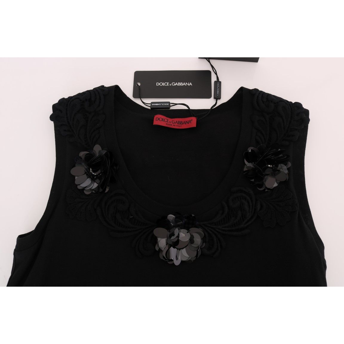 Dolce & Gabbana Black Cotton Floral Crystal Tank Top