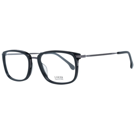 Lozza Black Men Glasses Frame, full-rim rectangle style, black plastic material with 140mm temples and demo lenses, includes branded case.