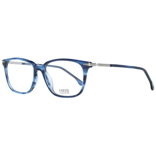 Lozza Blue Men Glasses Frame with blue plastic full-rim design, rectangle lenses, size 53-16-145. Includes branded case. No spring hinge.