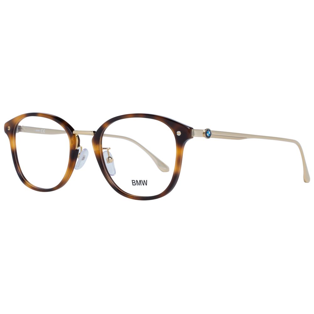 BMW Brown Men Glasses Frame full-rim plastic round design with demo lenses and branded case. Size 53-21-145, temples length 145.