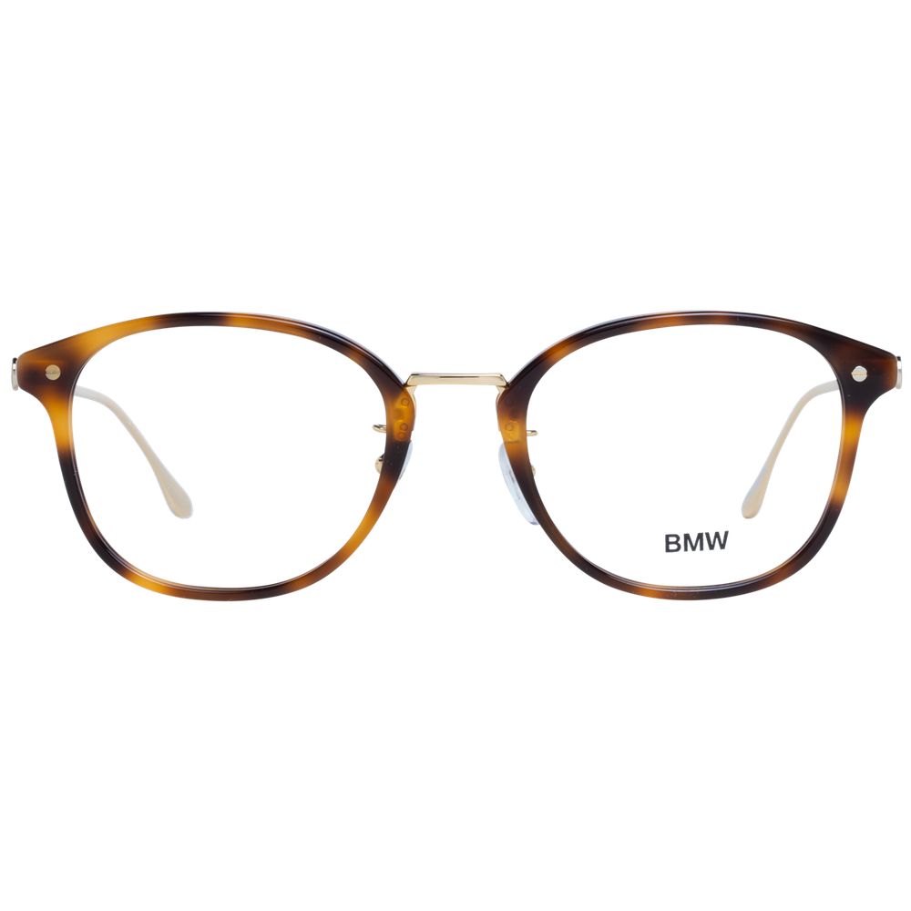 Alt Tag: BMW Brown Men Glasses Frame, full-rim round style with plastic construction, demo lenses, and branded case, size 53-21-145.