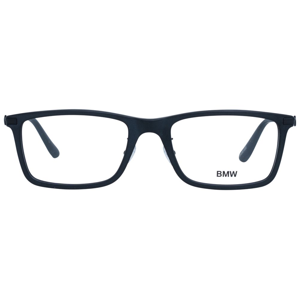 BMW Black Men Optical Frames with black metal and plastic full-rim design, trapezium style, 56-20-145 size, includes branded case.