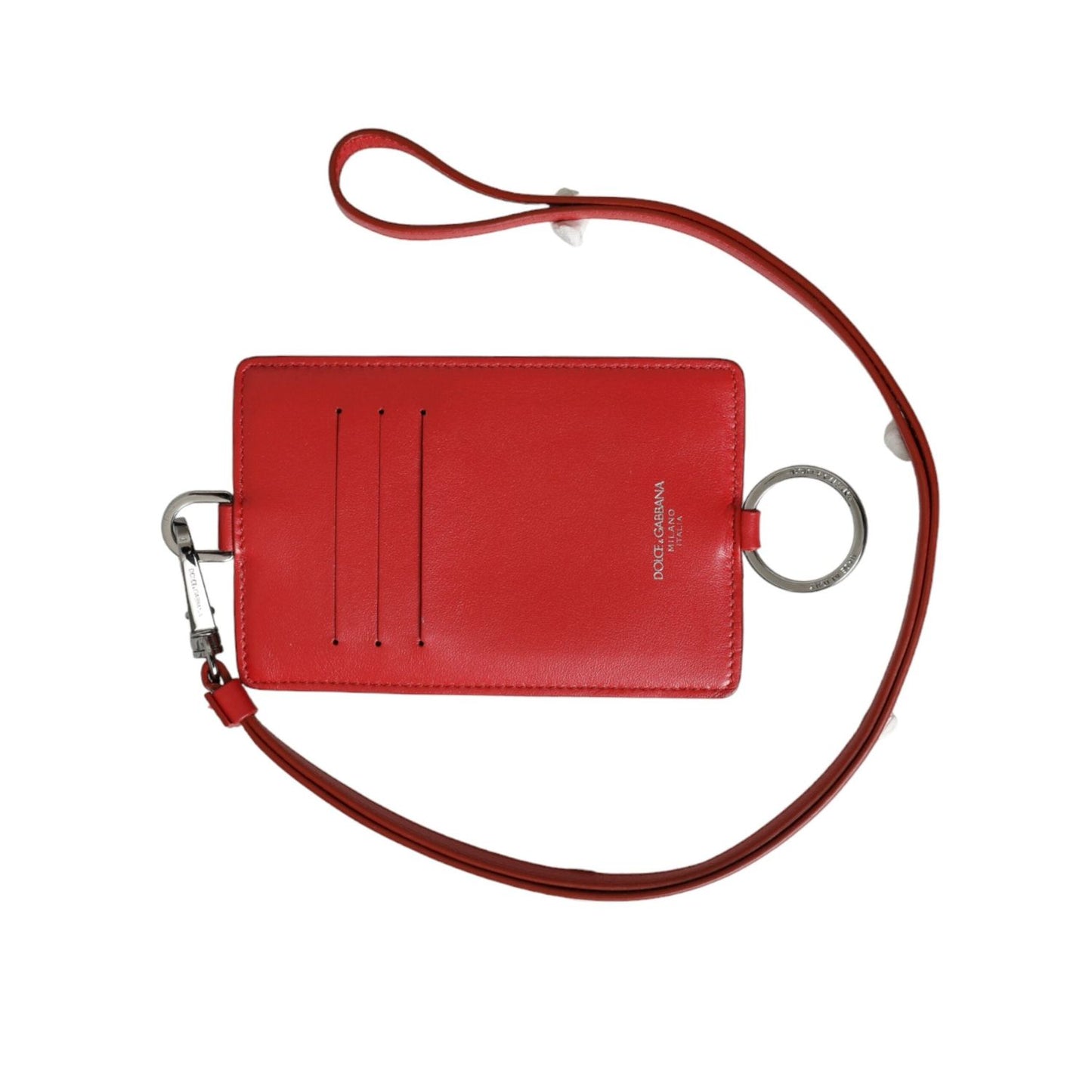 Dolce & Gabbana Red Calfskin Leather Lanyard Logo Card Holder Wallet