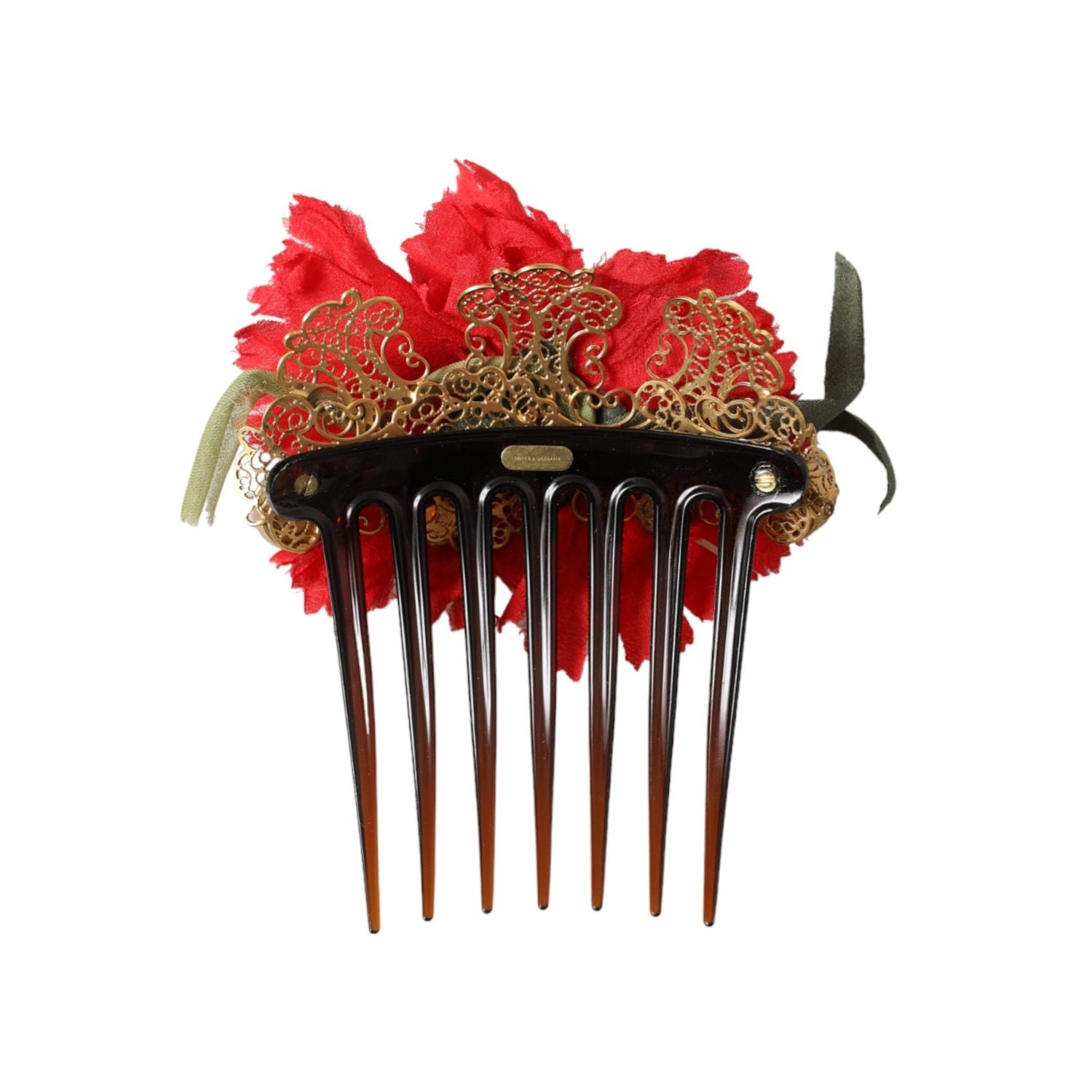 Dolce & Gabbana Red Silk Floral Gold Brass Women Hair Comb