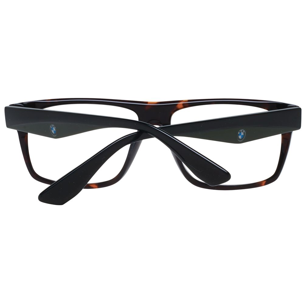 BMW Brown Men Glasses Frame, full-rim plastic, rectangular shape, size 55-14-145, demo lenses, includes branded case.