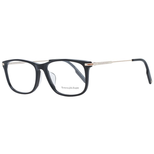 Ermenegildo Zegna Black Men Glasses Frame, full-rim black plastic design with 56-16-145 dimensions, includes branded case.