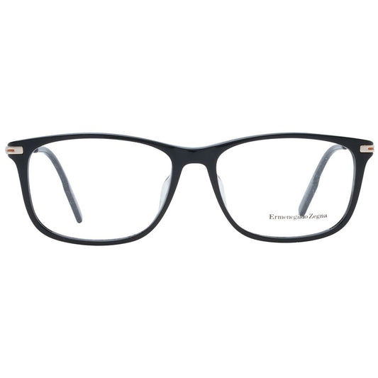Ermenegildo Zegna Black Men Glasses Frame, full-rim black plastic rectangular style, includes branded case, size 56-16-145.