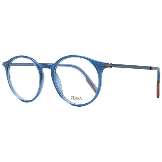 Ermenegildo Zegna Blue Men Glasses Frame, full-rim, round style, plastic and titanium, 51-18-145 size, demo lenses, branded case included.