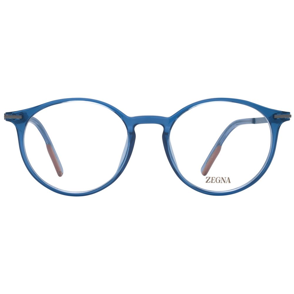 Ermenegildo Zegna Blue Men Glasses Frame in round full-rim style, made with plastic and titanium, featuring demo lenses.