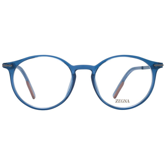 Ermenegildo Zegna Blue Men Glasses Frame in round full-rim style, made with plastic and titanium, featuring demo lenses.