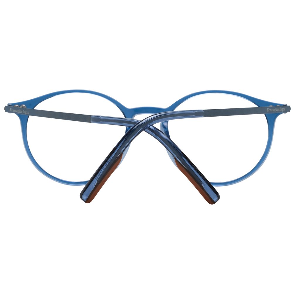 Ermenegildo Zegna Blue Men Glasses Frame, full-rim, round style, blue plastic and titanium, includes branded case, lens width 51mm.