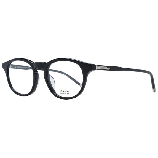 Lozza Black Men Glasses Frame with acetate full-rim, round style, 49-20-145 size, demo plastic lenses, and branded case included.