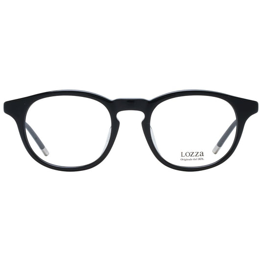 Lozza Black Men Glasses Frame with full-rim round style, made of acetate and plastic, includes branded case, sleek black design.