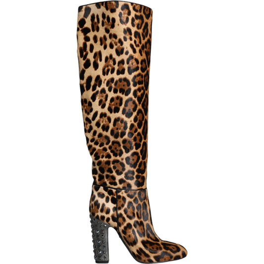 Dolce & Gabbana Beige Black Leopard Knee High Boots Shoes LA11526-37